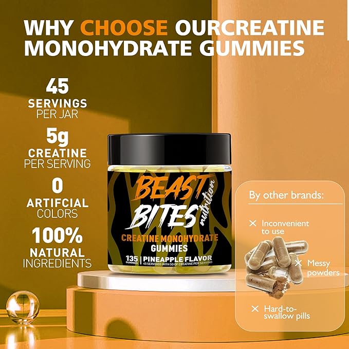 Creatine Monohydrate Gummies for Men & Women - 5g of Creatine Monohydrate per Serving - Sugar Free,Vegan, Pineapple Flavor, 135 Count (45 Servings)..