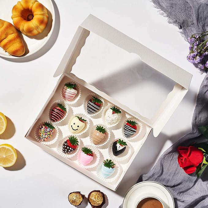 12PCS 10 x 7 x 2.5 inches Cookies Bakery Boxes with Window, Cakesicle, Chocolate Bomb, Macaron, Clear Chocolate Covered Strawberries, Pretzel Rods Boxes