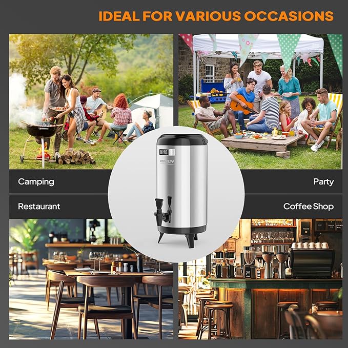 ROVSUN 3.2 Gallon Insulated Beverage Dispenser, Stainless Steel Hot and Cold Drink Dispenser, Ice and Hot Drink Server w/Spigot, Hot and Cold Beverage Server for Coffee, Tea, Milk & Juice