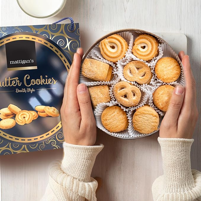 Mattigan's Butter Cookies Traditional Danish Style Cookie Assortment, 16 Oz Tin, Gourmet Gifts for Holidays, Birthday, Special Occasions, Snack Gift, Assorted Cookie Dessert Sweets, Reusable Metal Tin