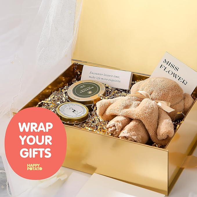 HAPPY POTATO Large Gift Box with Lid and Ribbon 11.5x8.1x3.8 Inches, Bridesmaid Proposal Box, Magnetic Gold Gift Box for Presents (Glossy Gold)