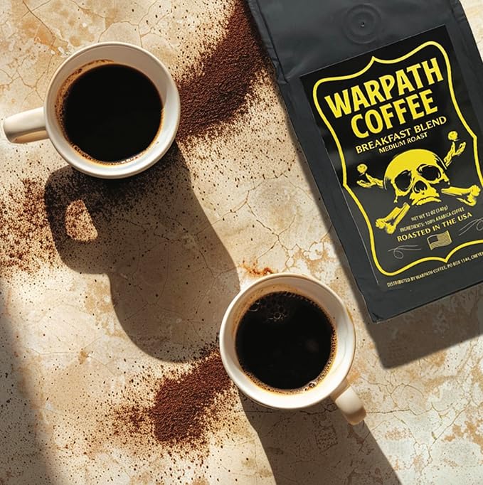 Warpath Coffee Medium Roast Ground Coffee, Breakfast Blend, High Caffeine, Extra Strong Roasted 100% Arabica Coffee Ground Beans, Rich Aroma, Full Bodied Intense Cup, Created by Navy SEALs, 12oz