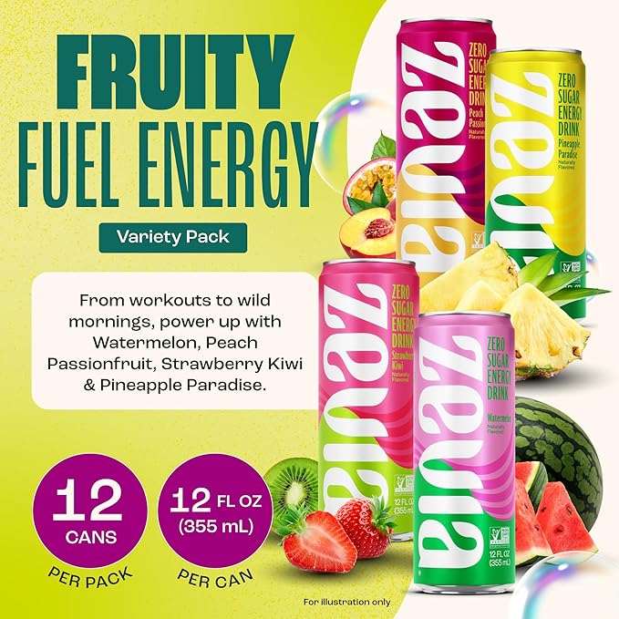 Zevia Zero Sugar Energy Drink, Fruity Fuel Variety Pack, 12 oz Cans (12-Pack) – Naturally Sweetened, Non-GMO Project Verified, Gluten-Free, Vegan