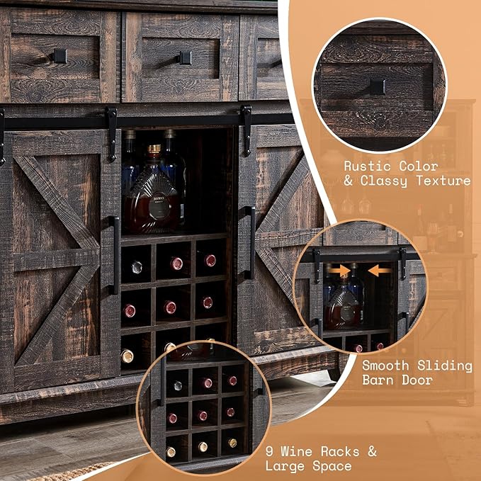 AMERLIFE 72'' Coffee Bar Wine Cabinet with Sliding Barn Door, Farmhouse Kitchen Sideboard, Buffet Storage Table, Wine Glass Racks, 3 Drawers, LED Lights, Tall Hutch Home Bar Dark Rustic Oak