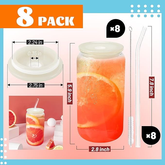 Joyclub 8pcs Glass Cups with Acrylic Lids and Straws 16 oz Can Shaped Glass Iced Coffee Cups with Lids and Straws, Cute Tumbler Cup Drinking Glasses for Smoothie Whiskey Boba Soda Tea Gift