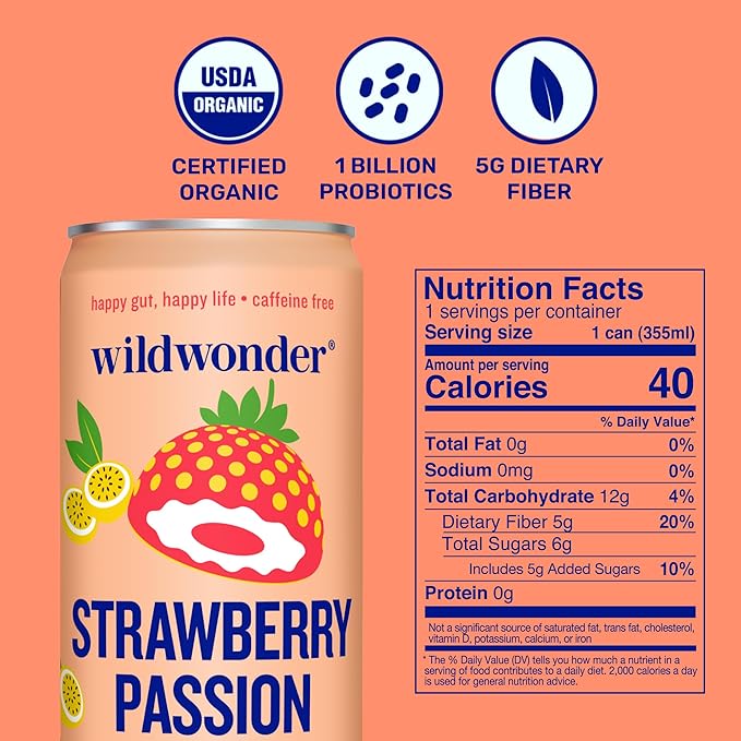 wildwonder Sparkling Probiotic Drink 12pk, For Gut Health & Immune Support, Strawberry Passion, 5g Prebiotic Fiber, Live Probiotics, Organic, Vegan, Low Sugar, 12 Pack, 12oz Can, As Seen on Shark Tank