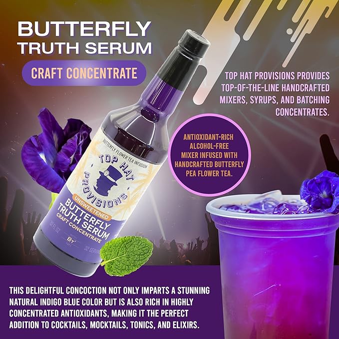 Top Hat Butterfly Truth Serum - Butterfly Pea Floral Extract - Blue Flower Tea Tincture - Blue Bitters - Unsweetened - Non-Alcoholic - Make Drinks Blue and Indigo Purple - 32oz Bottle