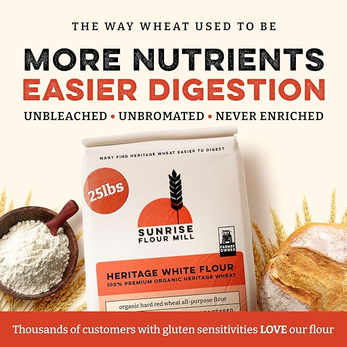 Sunrise Flour Mill Heritage Organic White Flour | USDA Organic All Purpose Flour Unbleached - Non-GMO, Kosher, Grown Without Glyphosate, High Protein for Baking, Unbromated White Wheat (400 Ounce (Pack of 1))