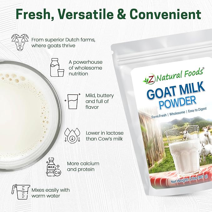 Z Natural Foods Goat Milk Powder - Pure Netherlands Full Cream Milk, Powdered Goat Milk, Highly Nutritious, Easy Digestion - Whole Goats Milk for Adults for Smoothies, Cooking, Baking, 2 lbs