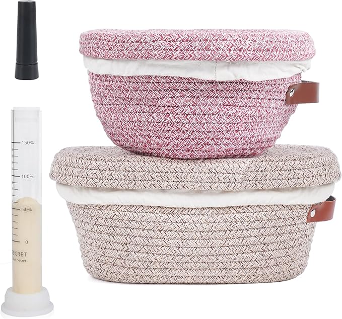 Stackable Cotton Banneton Proofing Basket Set, With Pro Sourdough Aliquot Jar for Rise Tracking – 2-Pack Bread Baskets (Round + Oval), Sourdough Baking Kit for Home Bakers
