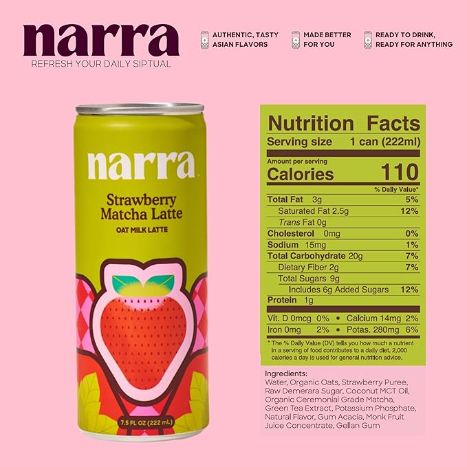 Narra, Oat Milk Tea Latte Variety Pack - Black Tea, Roasted Oolong, Strawberry Matcha, Natural Caffeine & L-Theanine, Organic Oat Milk, MCT Oil, Dairy Free, Non-GMO, 7.5 Fl Oz (12 Pack)