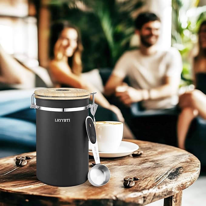 Airtight Coffee Canister,Stainless Steel Coffee Bean Storage Container with Scoop Date Tracker & CO2 Release Valve for Beans, Grounds and more- Black