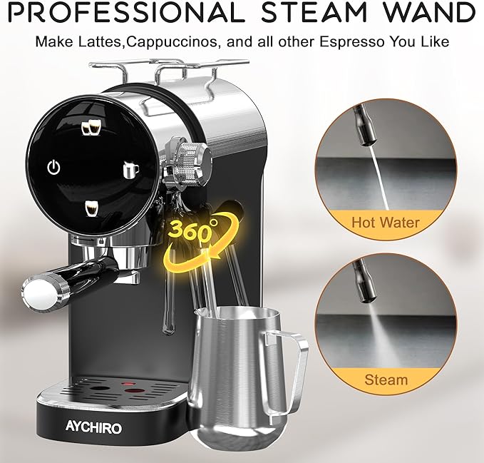 20 Bar Espresso Machine, Compact Espresso Maker with Milk Frother, Touchscreen Latte Maker with Detachable Drip Tray/Water Tank, Built-in Handle for Home and Office Use