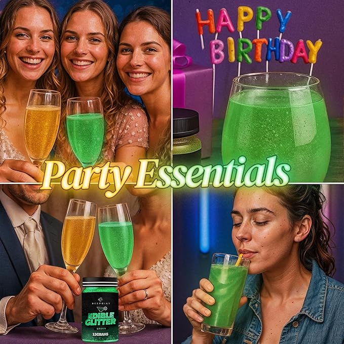 BeePoint Green Edible Glitter for Drinks 15g - Food Grade, Vibrant Color Shimmer Powdered Dust for Drinks, Cocktails, Cake Decorating, Baking, Chocolates, Candy, Sweets, & Cookies - Vegan & Gluten Free