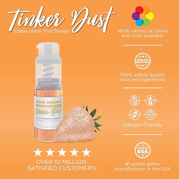 Bakell - Neon Orange Tinker Dust (4g, 1x Mini Spray Pump) Edible Glitter for Food, Desserts, and Beverages!