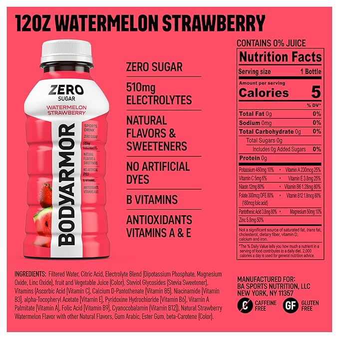 BODYARMOR ZERO Sugar Watermelon Strawberry, Sugar Free Sports Drink - Low-Calorie Hydration - Natural Flavors with Potassium Packed Electrolytes, Antioxidants, and B-vitamins, 12 fl oz (Pack of 8)