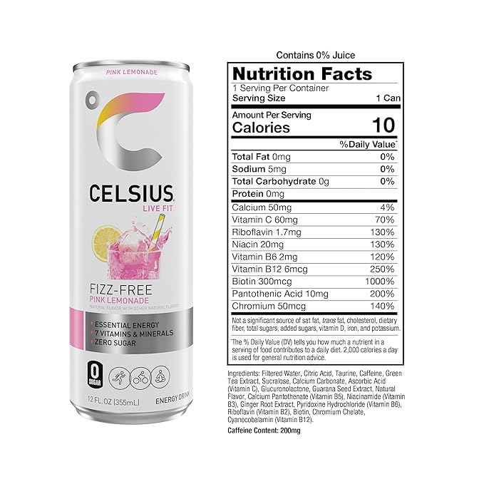 CELSIUS Fizz Free Pink Lemonade, Sugar Free Energy Drink, 12 Fl Oz (Pack of 12)