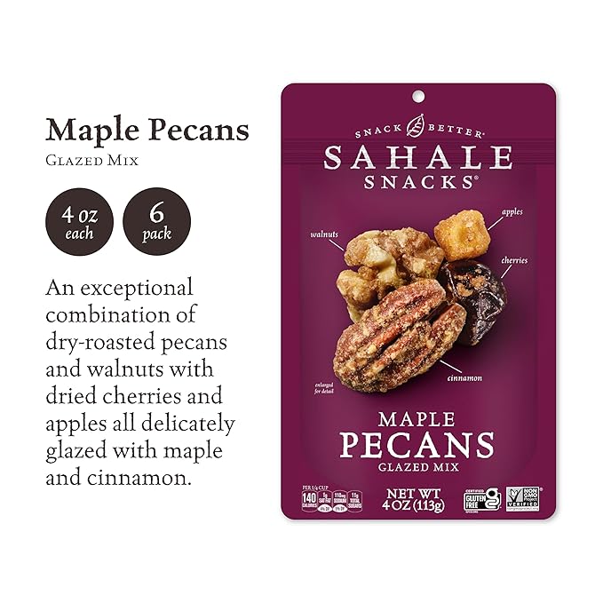 Sahale Snacks Maple Pecans Glazed Mix, 4 oz Pouches (6 Packs) Dry-Roasted, Deluxe Mixed Nuts with Cherries, Apples, Maple, and Cinnamon - Non-GMO, Kosher, and Certified Gluten-Free Snacks