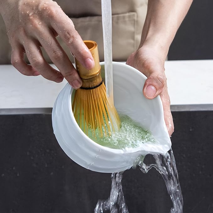Marce Matcha Whisk Set- Matcha Set includes Matcha Whisk and Bowl with Spout, Sifter, Holder and Scoop- The Perfect Bamboo Whisk for Matcha Tea (White)