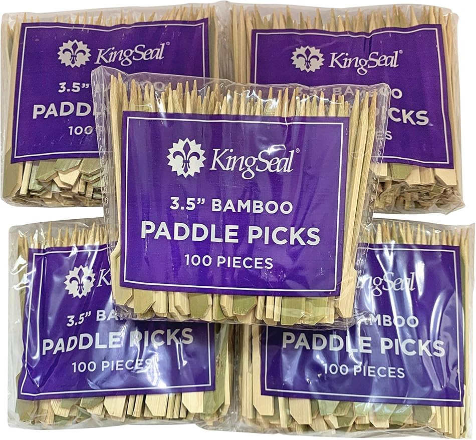 1000 Count | KingSeal Natural Green Bamboo Wood Paddle Picks, Skewers for Appetizers and Cocktails, 3.5 Inches, Bulk Pack - 10 Packs of 100