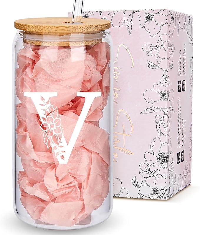 Personalized Gifts for Women, Monogrammed Glass Cups with Lids and Straws, Custom Tumbler, Cute Customized Mug, Aesthetic Stuff, Initial Iced Coffee Cup, Drinking Glasses, Birthday Teacher Gifts, V