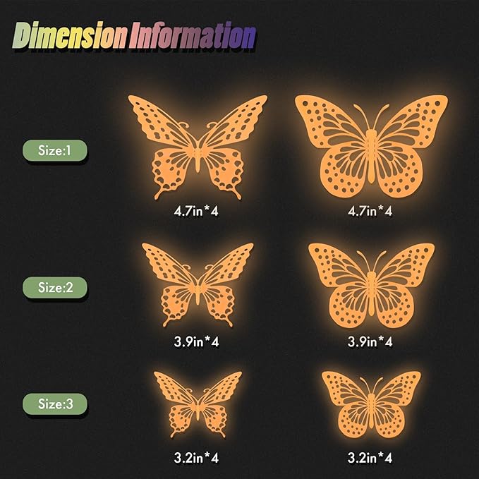 SAOROPEB Glow in The Dark 3D Butterfly 24 Pcs 3 Sizes, Luminous Butterfly Stickers for Ceiling or Wall, Glow in The Dark Party Supplies, Removable Luminous Stickers for Kids Babys Nursery (Orange)