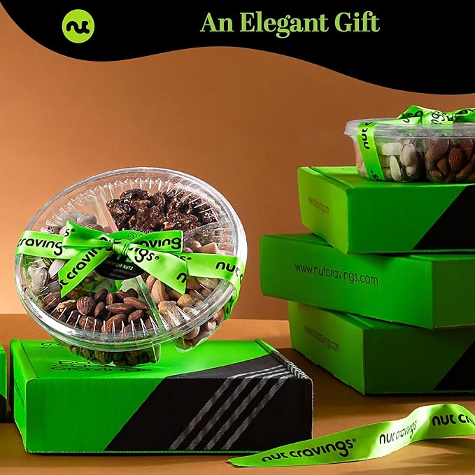 NUT CRAVINGS - Thanksgiving Mixed Nuts Gift Basket + Green Ribbon (4 Assortments) Holiday Xmas Christmas Food Arrangement, Healthy Snack Care Package, Food Assortments
