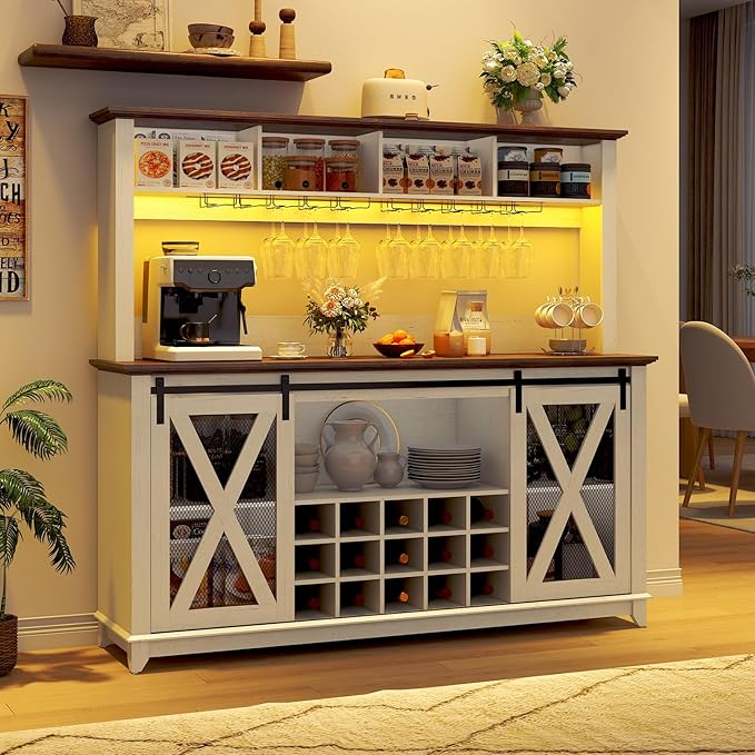 63"W Farmhouse Coffee Bar Cabinet with LED Light,Wine Bar Cabinet w/ 4 Tier Storage Hutch,Kitchen Buffet Cabinet w/Sliding Barn Door & 15 Wine and Glass Racks for Kitchen Dining Room(Antique White)