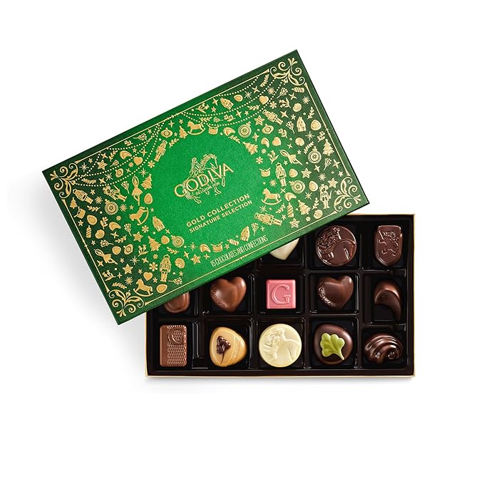 Godiva Holiday Gold Assorted Chocolate in Green Gift Box, Belgian Dark and Milk Chocolates with Pralinés, Ganaches & Caramels, Gourmet Christmas Gift, Non-GMO & Kosher, 15 Pc