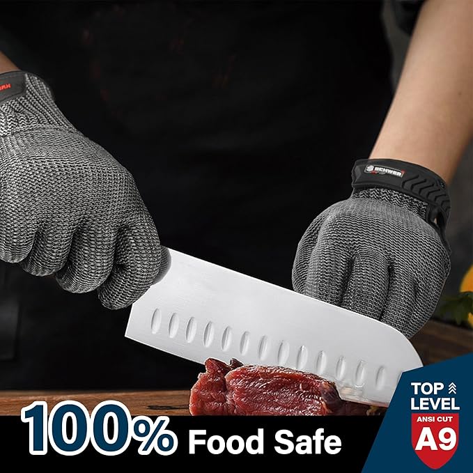 Schwer Ultimate Cut Resistant Gloves Beyond ANSI A9, Reinforced Stainless Steel Glove, Food Grade Mesh Metal Gloves for Butcher Meat Cutting, Oyster Shucking, Mandoline, Non-PFAS, PR1708 (L, 2 PCS)