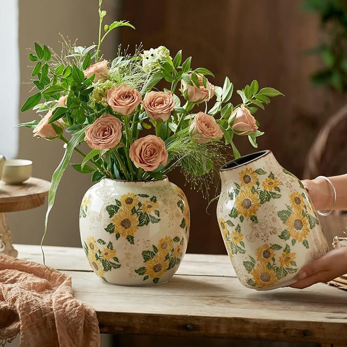 Vintage Ceramic Vase, 7.7 Inch Chinoiserie Sunflower Floral Vases, Rustic Farmhouse Antique Flower Vases for Home Decor Modern Aesthetic Tuscan Decorations (Conical)