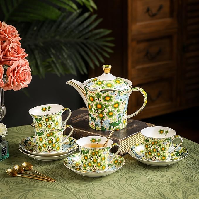 ACMLIFE Tea Set for Adults- Fine China Tea Set for 6, 21-Piece Vintage Coffee Set English Porcelain Tea Pot Sets for Adult Tea Party for Women Gift (Fruits Green, Extra Large 21)