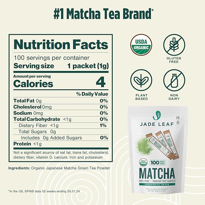 Jade Leaf Matcha Organic Premium Ceremonial Grade Matcha Green Tea Powder - Japanese - Culinary, Ingredient, Ceremonial Barista Teahouse, Latte, Collagen, 0.04 Ounce (Pack of 100), Ceremonial Matcha