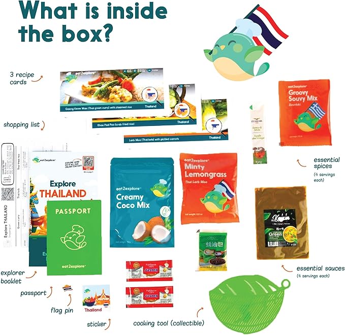 eat2explore Cooking Kits for Kids – Interactive & Educational Kids Cooking Sets Real for Ages 5 and Up,3 Recipe Cards & Global Ingredients – Fun Gift for Young Chefs (Thailand Edition)