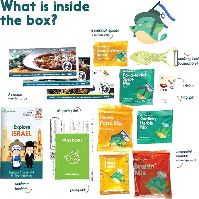 eat2explore Cooking Kits for Kids – Interactive & Educational Kids Cooking Sets Real for Ages 5 and Up,3 Recipe Cards & Global Ingredients – Fun Gift for Young Chefs | Explore Israel