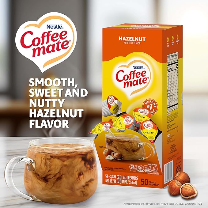 Nestle Coffee mate Coffee Creamer, Hazelnut, Liquid Creamer Singles, Non Dairy, No Refrigeration, 0.375 fl oz Tubs (Pack of 200)