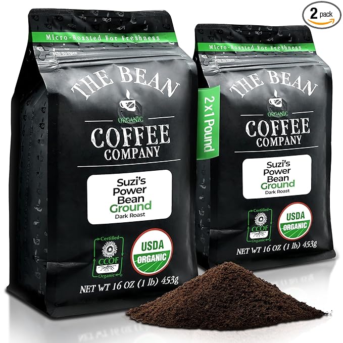 The Bean Organic Coffee Company Suzi's Power Bean, Dark Roast, Ground Coffee, 16-Ounce Bags (Pack of 2), Café molido tostado orgánico