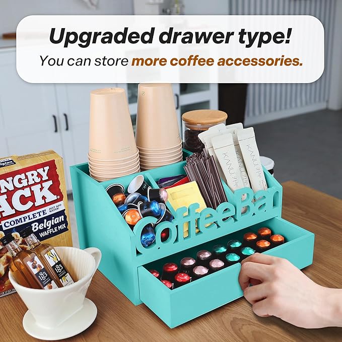 Coffee Bar Organizer for Countertop – Wooden Coffee Station with Black Drawer, Tea and K Cup Storage Rack, Coffee Pod Holder for Home and Office Counter Organization (Drawer - Turquoise)