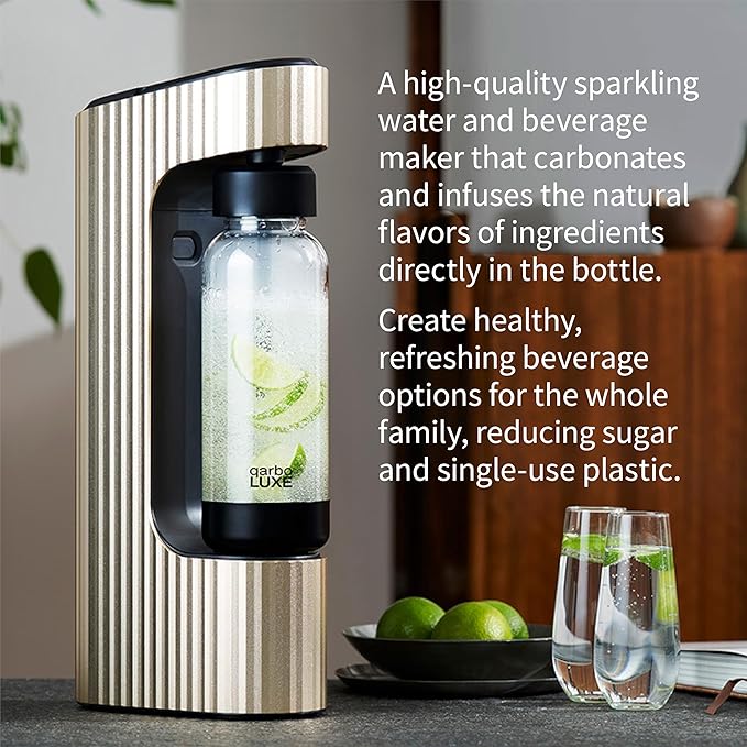 Twenty39 qarbo LUXE Premium Metal Sparkling Water Maker Machine - Soda Beverage Carbonator for Home, Seltzer Water Carbonation Fizz Maker (includes two CO2 cylinders)