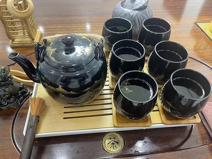 Japanese Tea Set, Black Glazed Tea Set in Gift Box With 1 Teapot, 1 Tea Strainer, 1 Tea Tray and 6 Tea Cups. Ideal Tea Set for Office Home, Asian Tea Sets for Tea Lovers(Landscape Black and Black Cup)
