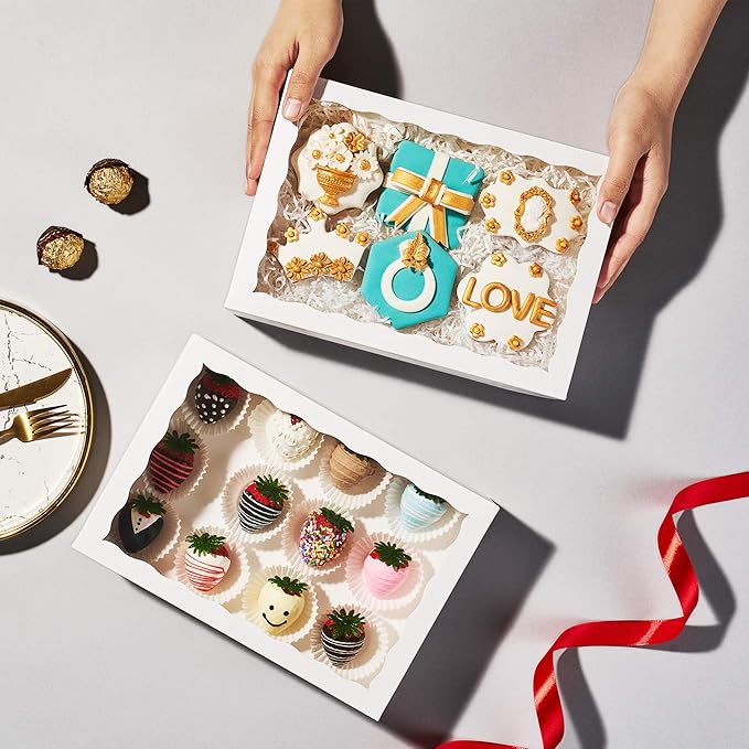 12PCS 10 x 7 x 2.5 inches Cookies Bakery Boxes with Window, Cakesicle, Chocolate Bomb, Macaron, Clear Chocolate Covered Strawberries, Pretzel Rods Boxes