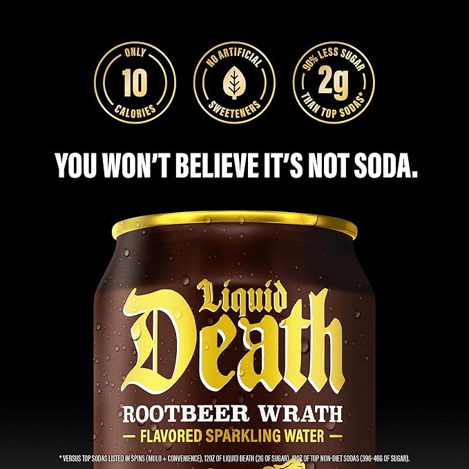 Liquid Death, Rootbeer Wrath, Soda-Flavored Sparkling Water, 12-Pack (12oz Cans), Low Sugar, Huge Flavor & No Artificial Sweeteners