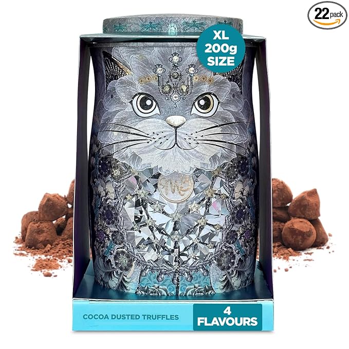 Monty Bojangles Cocoa Dusted Chocolate Truffles Cat Tin (Diamond Empress - 7oz) Four Flavors In One, Luxury Chocolatey Truffles - Collectable Cat Tin, Chocolate Gift Box With Bespoke Design