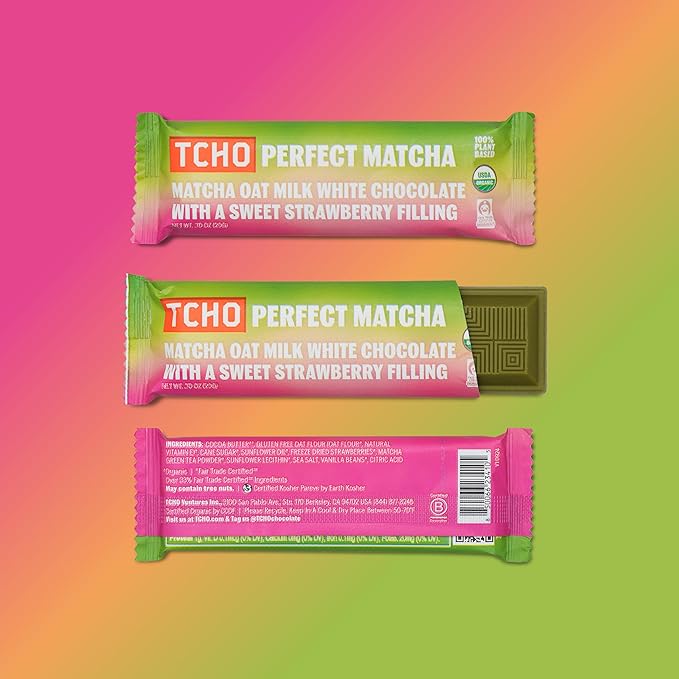 TCHO Perfect Matcha Chocolate Bar 18 Pack - Organic Oat Milk Chocolate with Matcha Shell and Strawberry Filling - Plant-Based Non-GMO Matcha Snacks