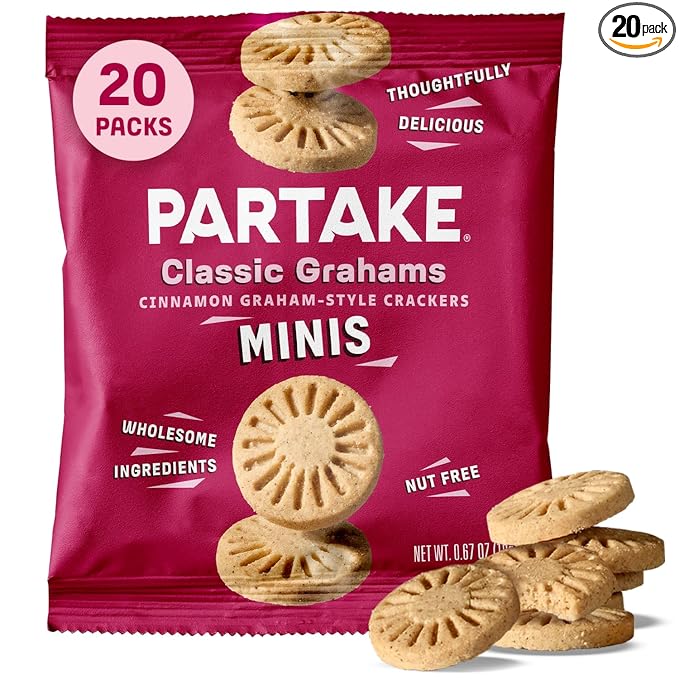 Gluten Free Partake Classic Graham Cracker Minis - Vegan - Free From the Top 9 Allergens Including Dairy, Wheat, Soy, Eggs, & Peanuts - Non GMO - Safe School & Office Snack (20 Packs, 0.67 oz)