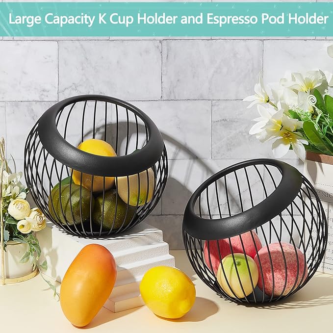 2 Pieces Coffee Pods Holder Large Capacity Coffee Pod Baskets Stainless Steel Cup Organizer Sturdy for Espresso Capsule Pot Storage Metal Wire Fruit Bowl Snack Storage(Black)