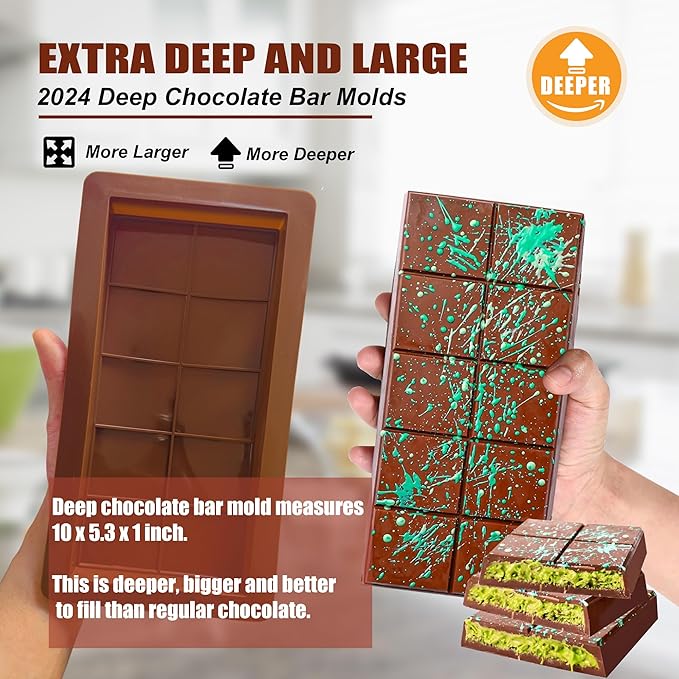 2 Pack Deep Chocolate Bar Molds Silicone,Large Stuffed Dubai Pistachio Deep Bar Moulds Kit 1 Inch Thick Big，for Homemade Making Bar Candy Bar Bpa Free DIY.