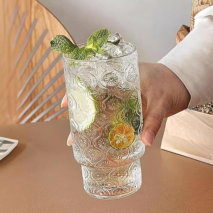 2 Pack of Glass Cups, 12 OZ Clear Glass Tumbler with Lid & Straw, Glass Iced Coffee Cup with Lids, Drinking Glasses Cups for Coffee, Juice, Tea, Cocktail