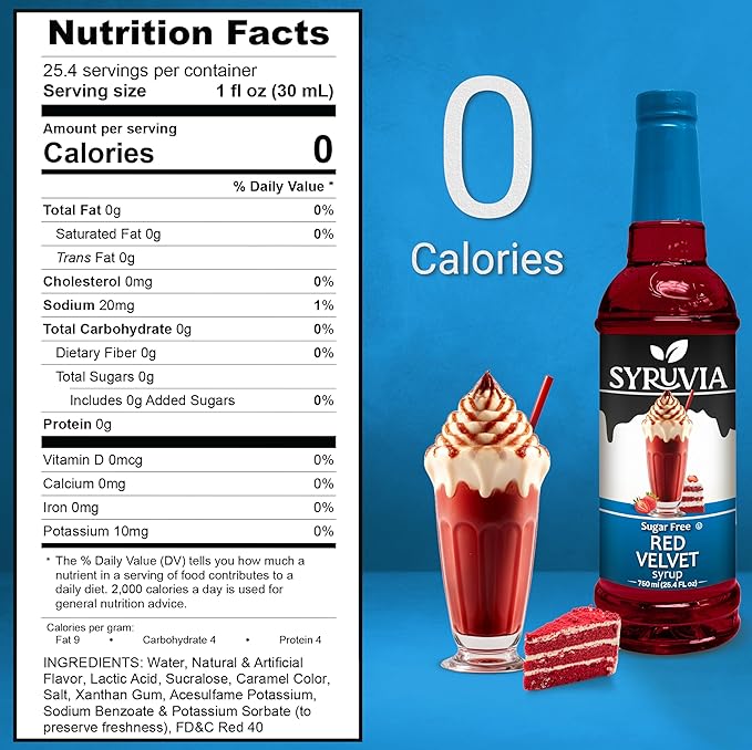 Syruvia Sugar Free Coffee Syrup, Red Velvet Flavored Syrup for Drinks, Lattes, and Desserts – 25.4 fl oz, With Pump