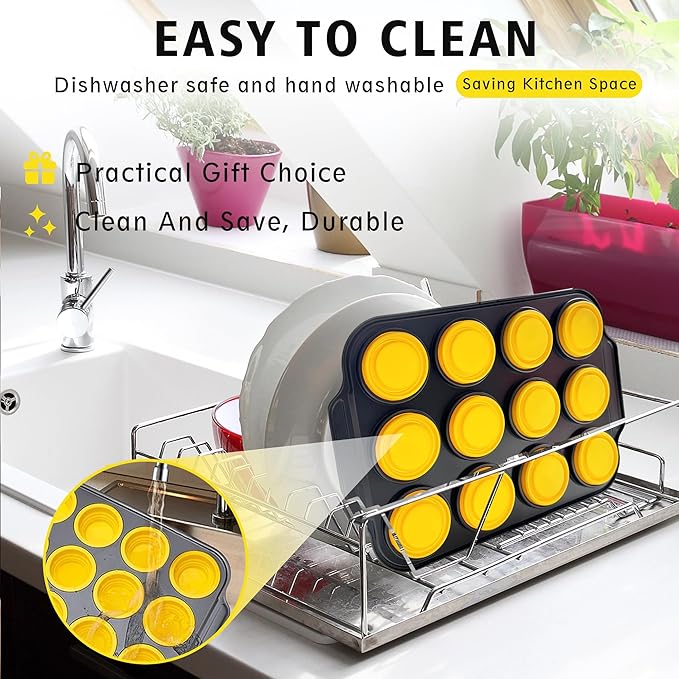 Silicone Muffin Pan Set, 6 Cups Cupcake Pan, With Metal Frame Nonstick Press to Easily Pop Out for Baking Homemade Muffins,Breads, Cupcakes, Egg Bites, BPA-Free Silicone (Yellow, 6Cups)